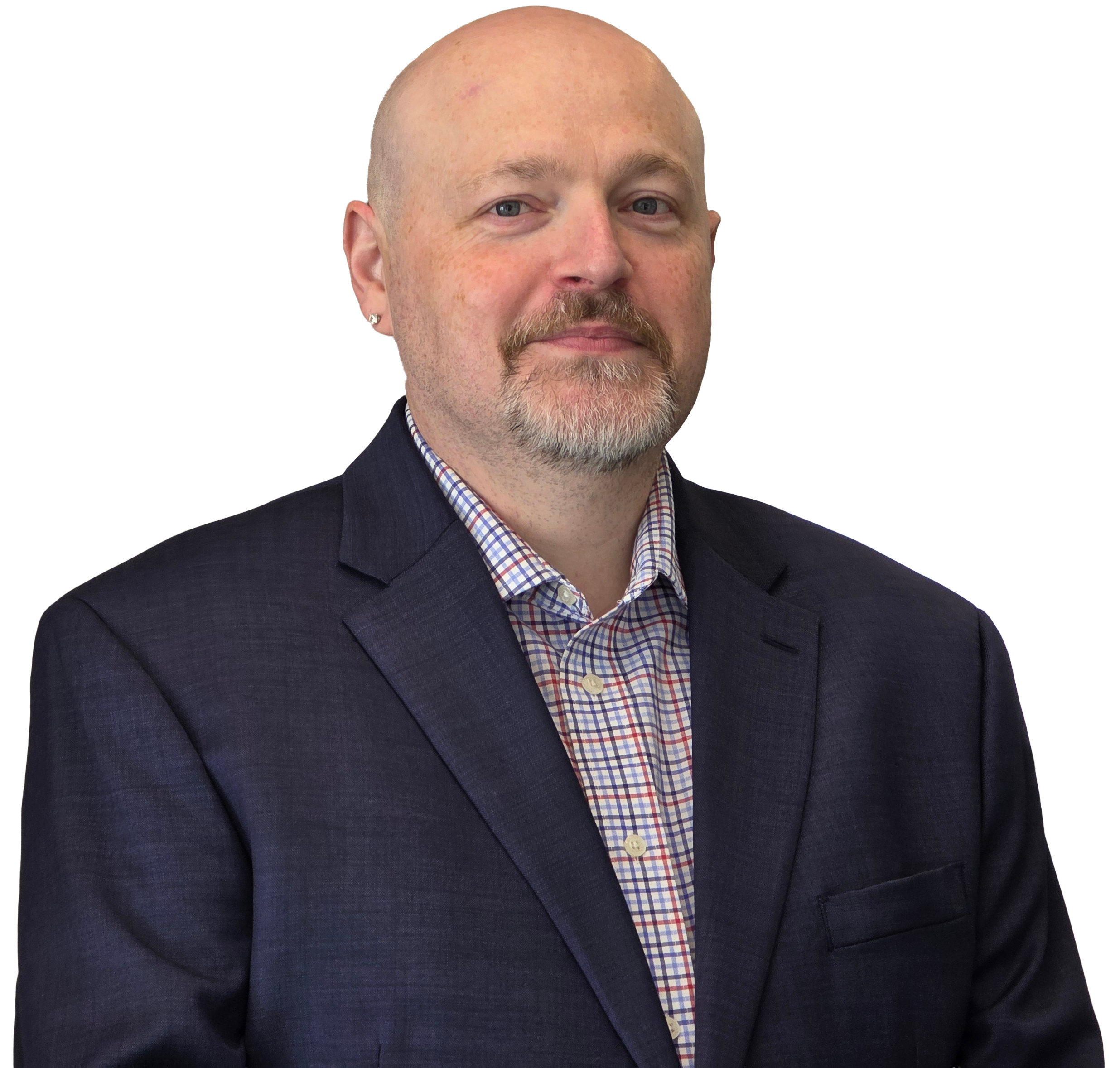 Headshot of Drew Jacobsen in a blue blazer and plaid shirt.